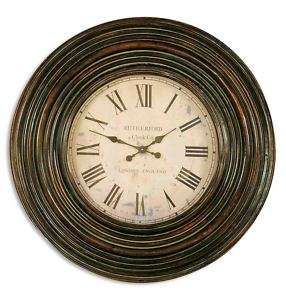 Round Wall Clock Wood Leather Vintage Style Brown Ivory  