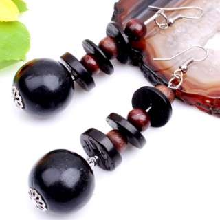 Pretty Black Coconut Wooden Round Beads Hoop Earrings  