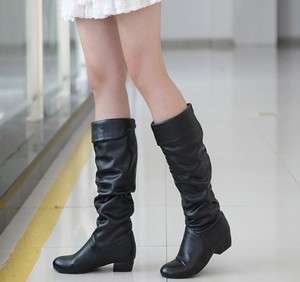 Black/Brown/White PU Leather Low Heel Knee Boots Womens Shoes US All 