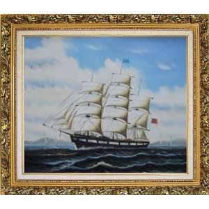Racing Home Big Sailing Ship Oil Painting, with Ornate Antique Dark 