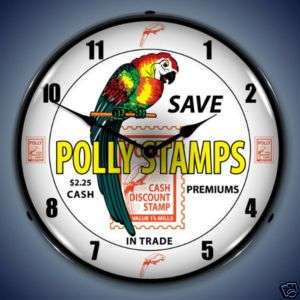 NEW POLLY STAMPS GAS ADVERTISING BACKLIT LIGHTED CLOCK  