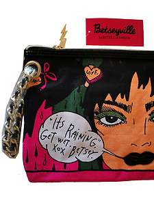 NWT! Betsey Johnson Raining Betsey Top Zip Clutch Bag With Chain Large
