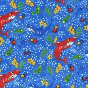 CARTOON BLUE & RED SHARKS ON BLUE~ Cotton Quilt Fabric  