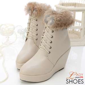 Womens Faux Fur Lace Up Wedge Ankle Boots Beige  