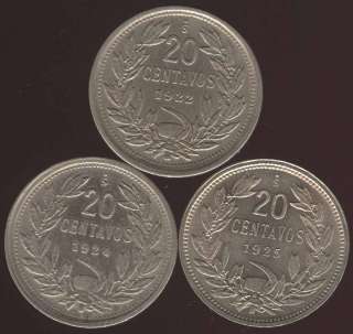 CHILE BEAUTY SCARCE SET 3 COINS 20 CENTS 1922/4/5 HG  