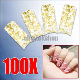 False French Acrylic Nail Tips White Gold Flower #180  