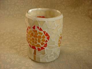 White Mosaic Glass Candle Holder w Bright Summer Flower Decorator 