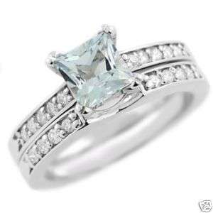 PRINCESS BLUE AQUAMARINE DIAMOND MATCHING ENGAGEMENT & WEDDING RING 