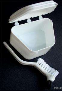 White DENTURE RETAINER Bath & Brush Set CLEANING CUP  