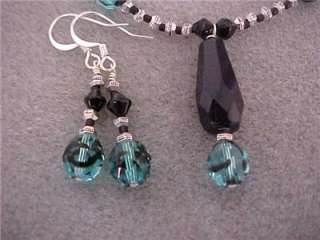 Set 21 Necklace Drop Earrings Teal Black Silver Beads  