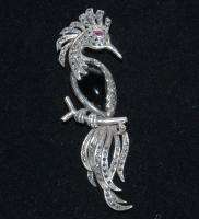 Vintage Sterling Marcasite Onyx Ruby Bird Brooch #5200  