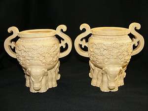Vintage Faux Ivory Relief Carved Figurine Set Elephant Planter Vase 