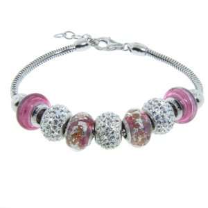   Bracelet with Pink Murano Glass and Crystal Beads, 7.5 +1 Extender