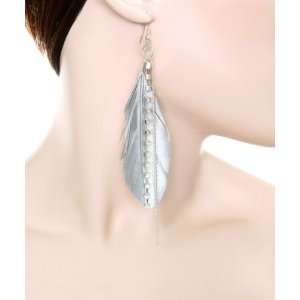    Silver Metallic Feathers & Rhinestones Chain Earrings Jewelry