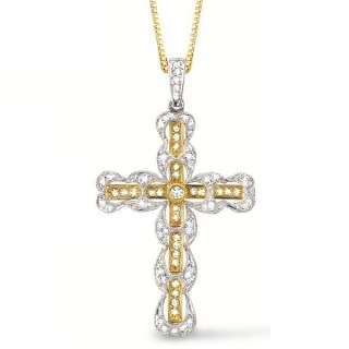 Diamond Cross Filigree Pendant Necklace 14k 2 Tone Gold  