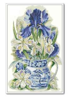   Blue Iris Flowers in Blue Vase   With DMC floss and Korean Aida  