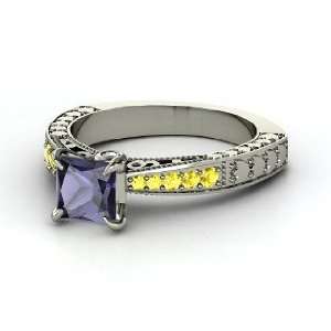 Megan Ring, Princess Iolite 14K White Gold Ring with Yellow Sapphire 