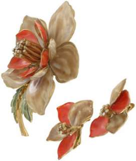 Vendome Enamel Flower Pin Brooch Clip Earrings Set  