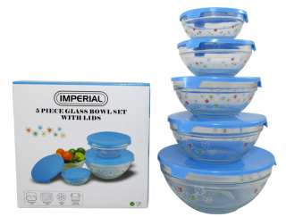 Pc Glass Food Storage Container / Mixing Bowl Set Blue Flower & Blue 