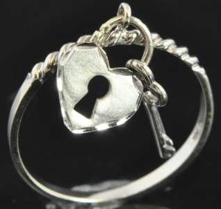 14K White Gold Heart Lock & Skeleton Key Charm Cable Rope Band Ring 6 