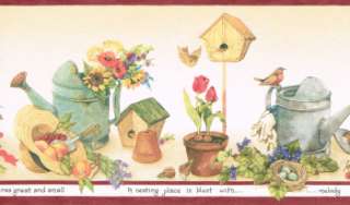   FLOWERS WATERING CANS BIRD HOUSES Wallpaper bordeR Wall  
