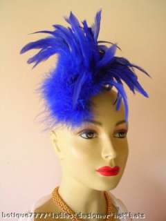 Ladies royal blue, handcrafted, feathered fascinator   cocktail hat 