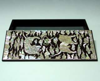   Pearl Inlay Leopard Design Desk Office Wood Pen Pencil Holder Case Box