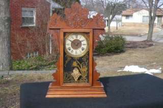   Victorian Oak Parlor Shelf Mantle Clock Original Painted Glass  