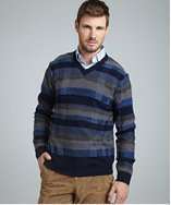 Hickey Freeman navy striped wool v neck sweater style# 317576501