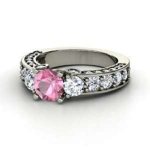   Ring, Round Pink Tourmaline Platinum Ring with Diamond: Jewelry