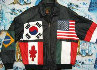 vintage FLAGS OF THE WORLD 80s Black Leather JACKET XL uk japan usa 