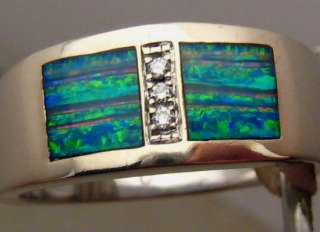   Pattern! Solid Inlay OPAL & DIAMOND Mens RING 10 Grams 14k White Gold