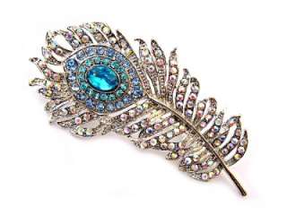 Blue SWAROVSKI Crystal PEACOCK FEATHER Pin Brooch  