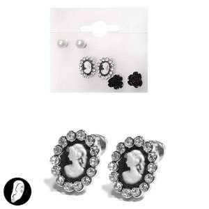 SG Paris Post Earring Set of 3 Pairs White Pearl Crystal Black Noir Et 
