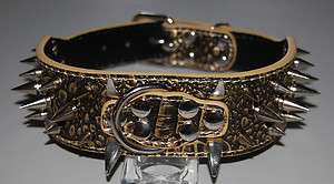 Black and Gold Spiked Leather Dog Collar 20 23 Amstaff Pitbull Bully 