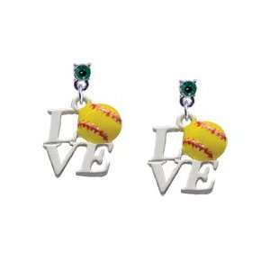  Silver Love with Softball Emerald Swarovski Post Charm 