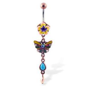  Antique looking belly button ring with flower and dangling 